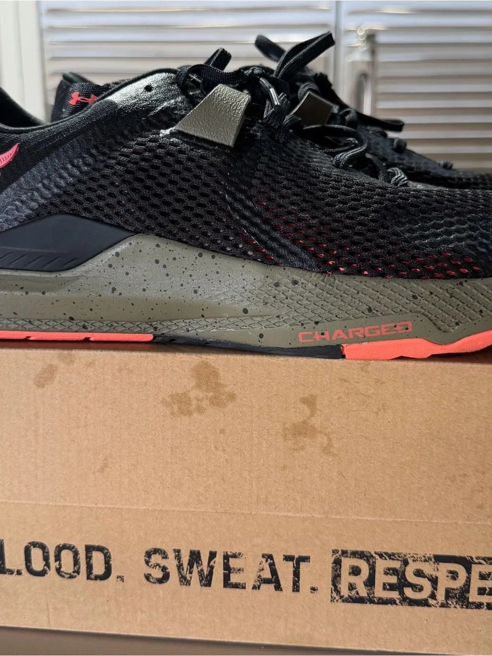 Under Armour Men’s Training Shoe in Black, Olive, Coral Accent